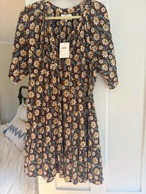 NWT XiRENA Brown Floral Tiered Dress with Cream & Teal Accents